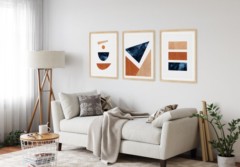 Blue Burnt Orange Wall Art Set of 3 Mid Century Modern Art Etsy