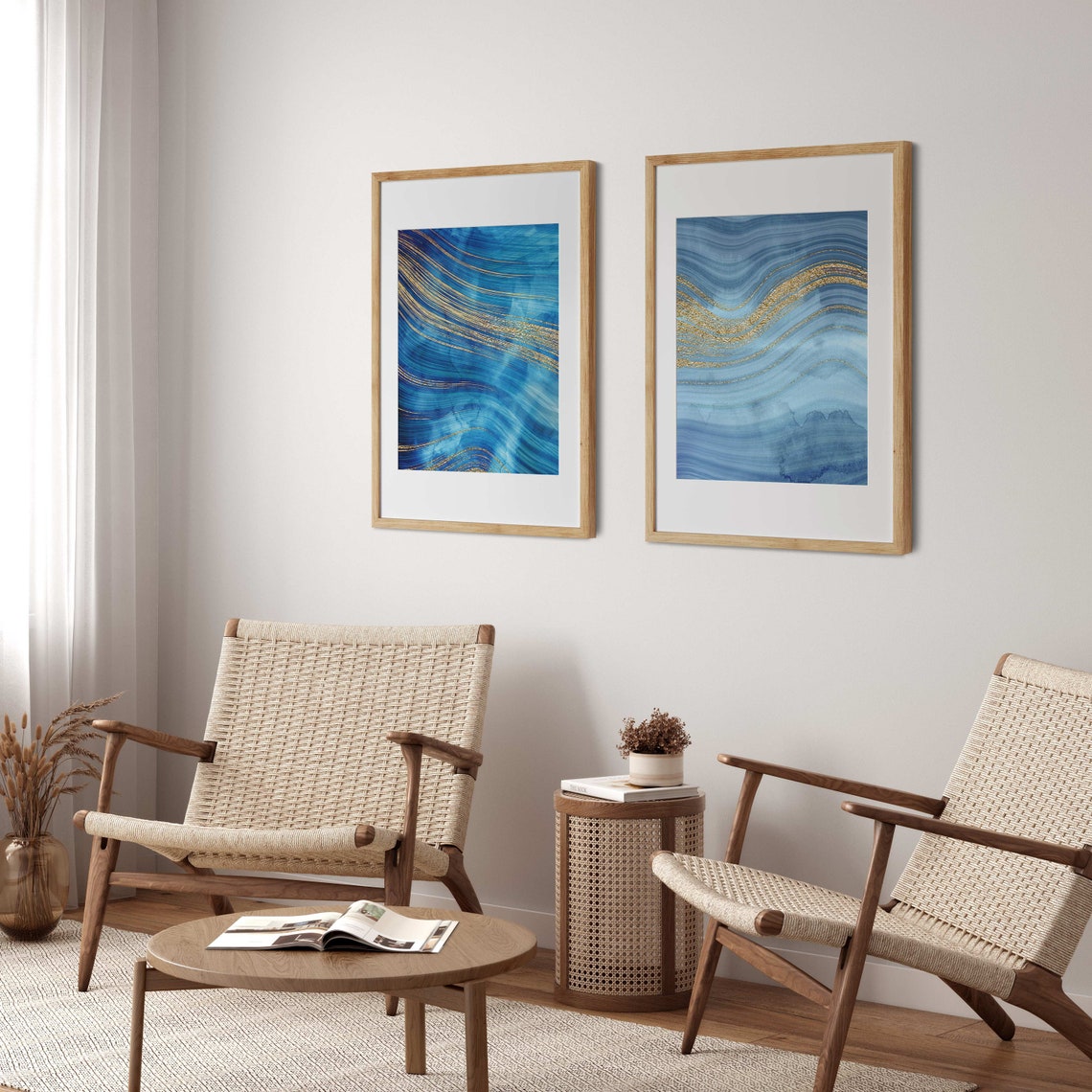 Abstract Blue Wall Art Set of 2 Ocean Wall Art Set Modern Etsy