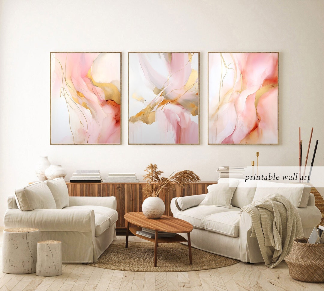 Pink Gold Wall Art Set, Abstract Pink Wall Art Set of 3, Blush Pink