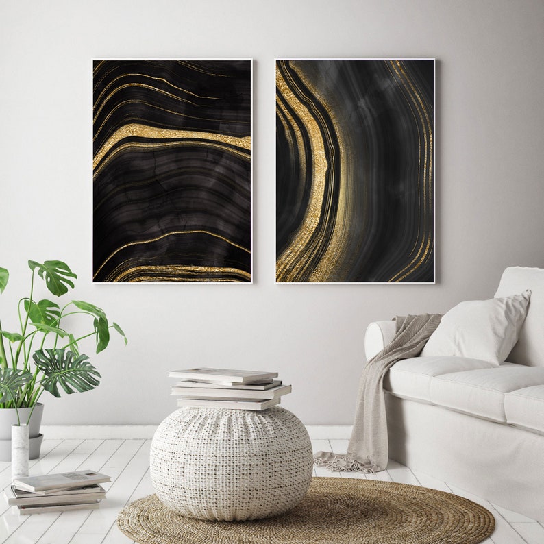 Black and Gold Wall Art Set of 2 Marble Wall Art Set of 2 Etsy UK