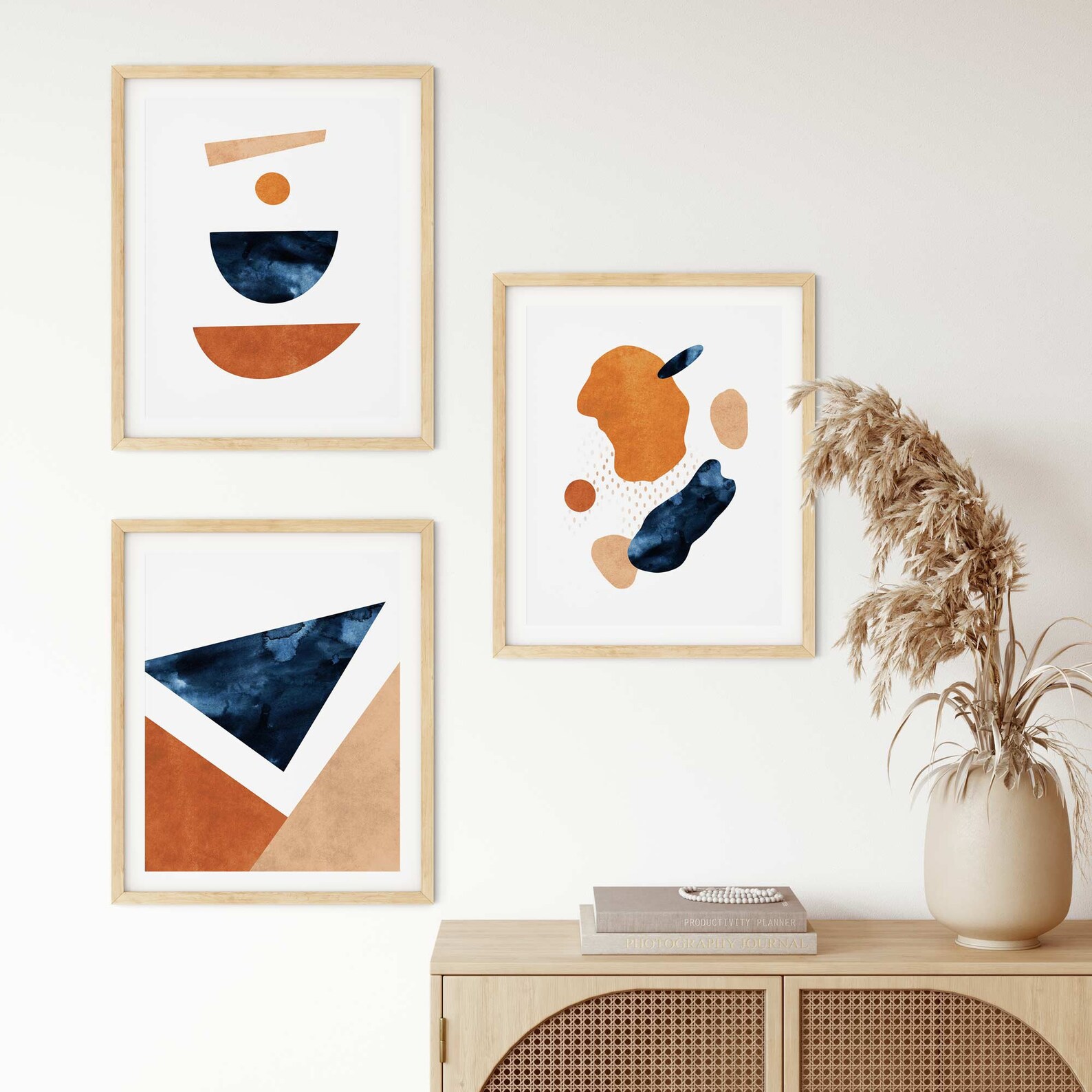Blue Orange Wall Art Set Navy Burnt Orange Wall Art Set of 3 Etsy