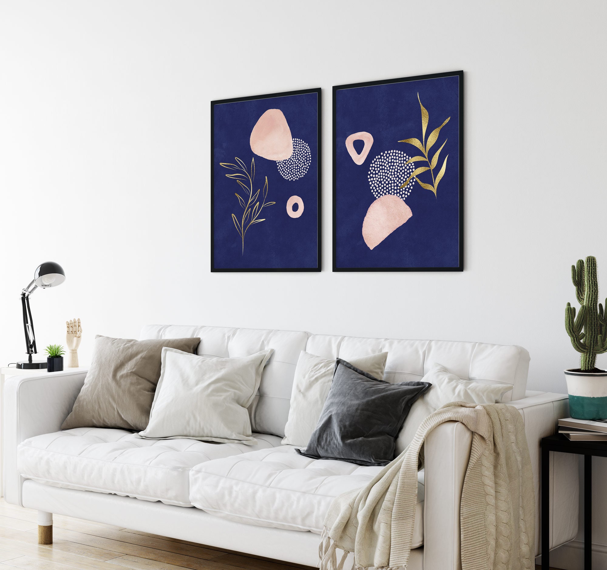 Navy Pink Wall Art Set of 2 Blue Pink Gold Wall Art Modern Etsy
