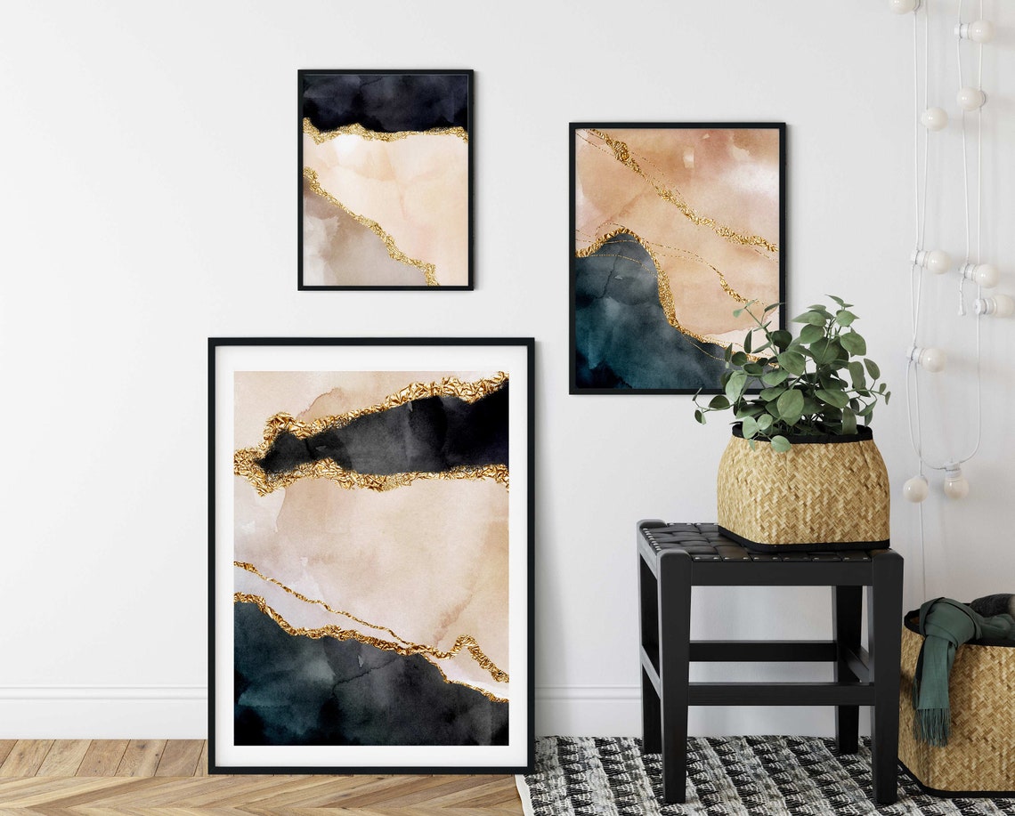 Black and Gold Wall Art Set of 3 Black and Gold Prints Black - Etsy