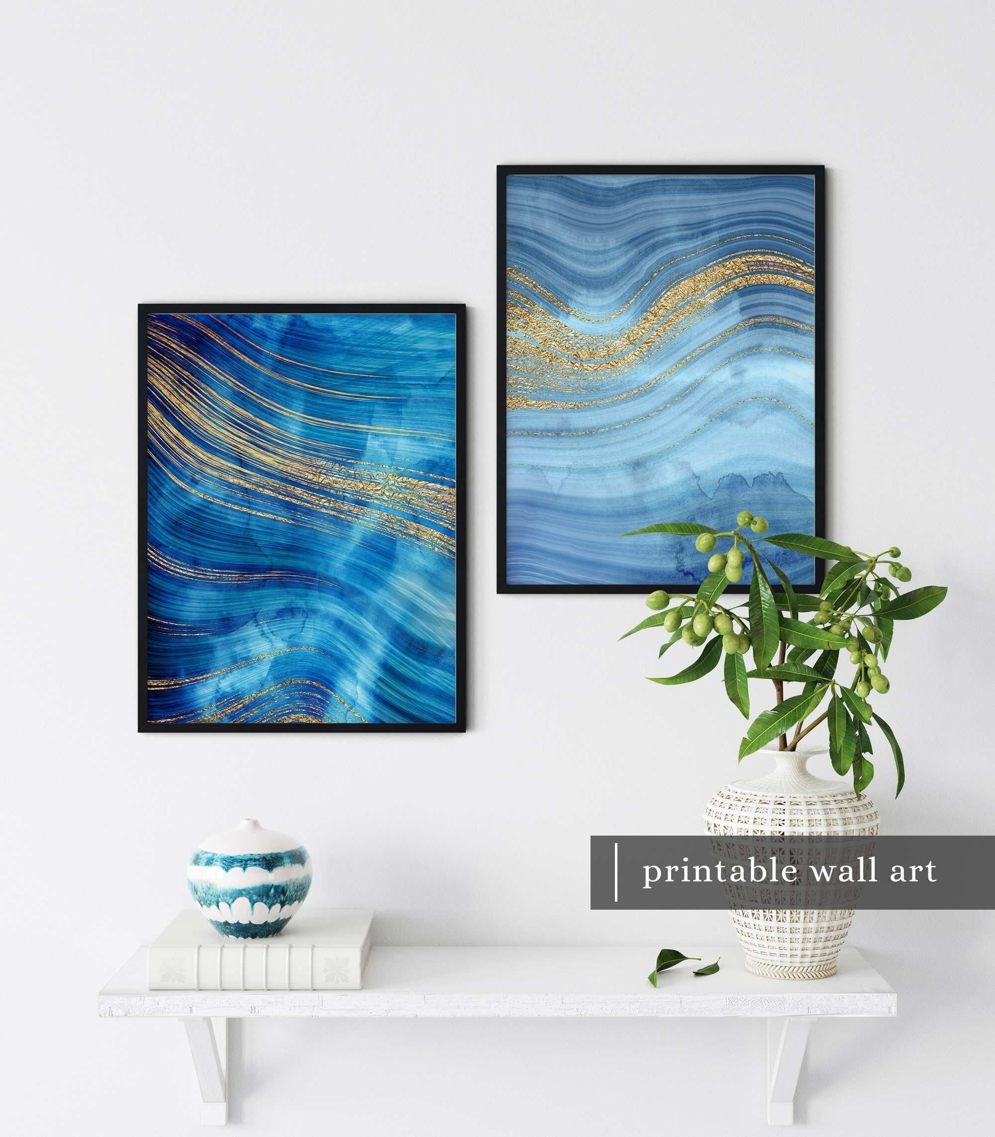 Abstract Blue Wall Art Set of 2 Ocean Wall Art Set Modern Etsy