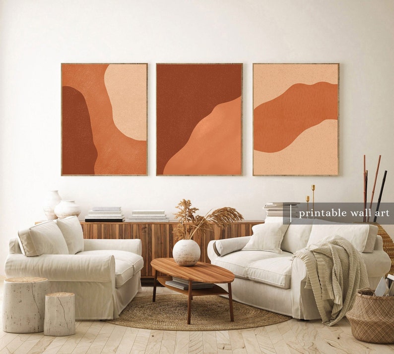 Set med bränt orange tryck, terrakottaväggkonst, bränt orange väggkonst set med 3, terrakottatryck, jordfärgade tryck, modern stil i mitten av århundradet bild 1