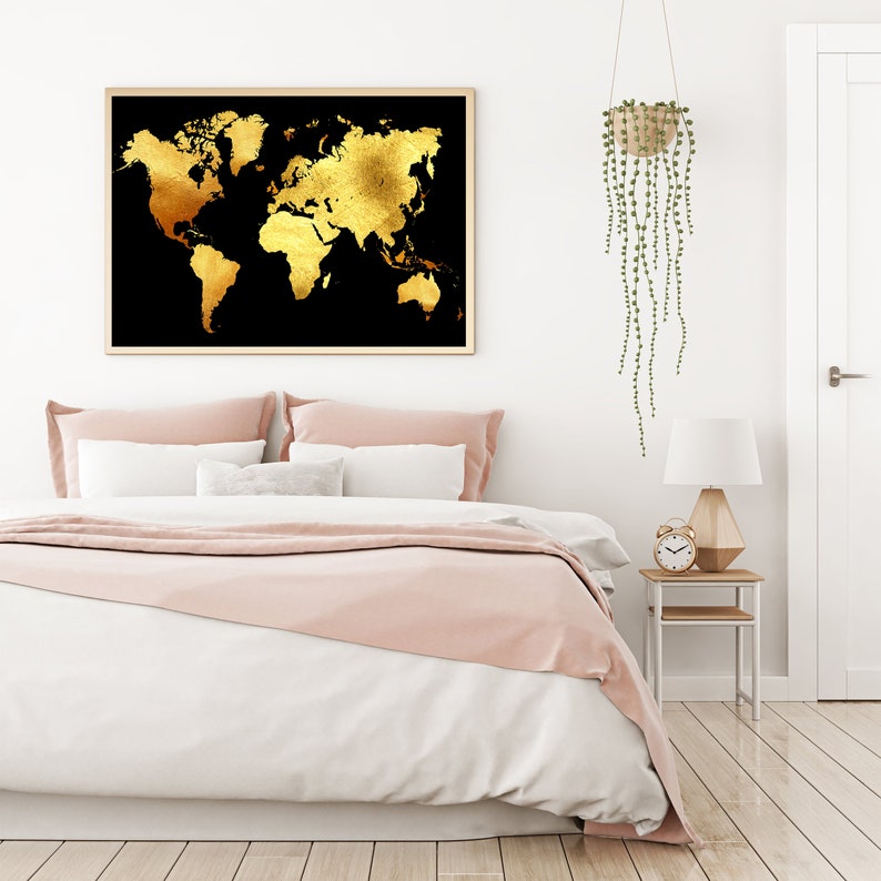 Black and Gold Wall Art Printable World Map Wall Art Instant Etsy
