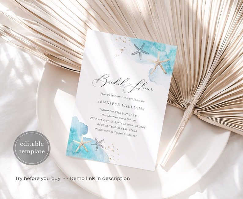 Beach Bridal Shower Invitation Printable, Ocean Bridal Shower Invitaiton Template, Sea Bridal Shower Invitation, Beach Bridal Templates, B10 image 1