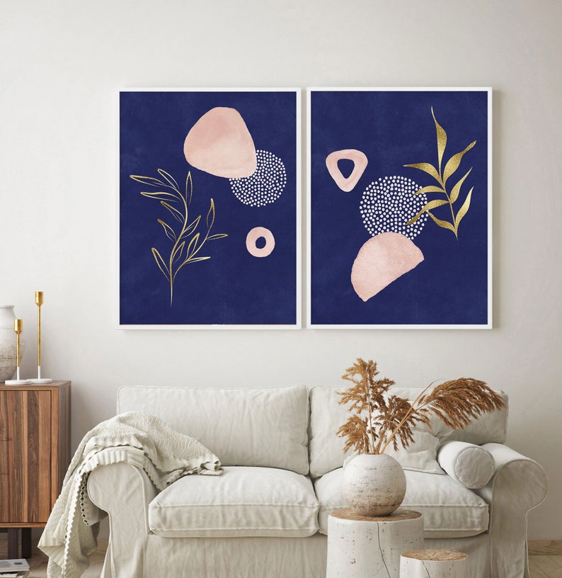 Navy Pink Wall Art Set of 2 Blue Pink Gold Wall Art Modern Etsy