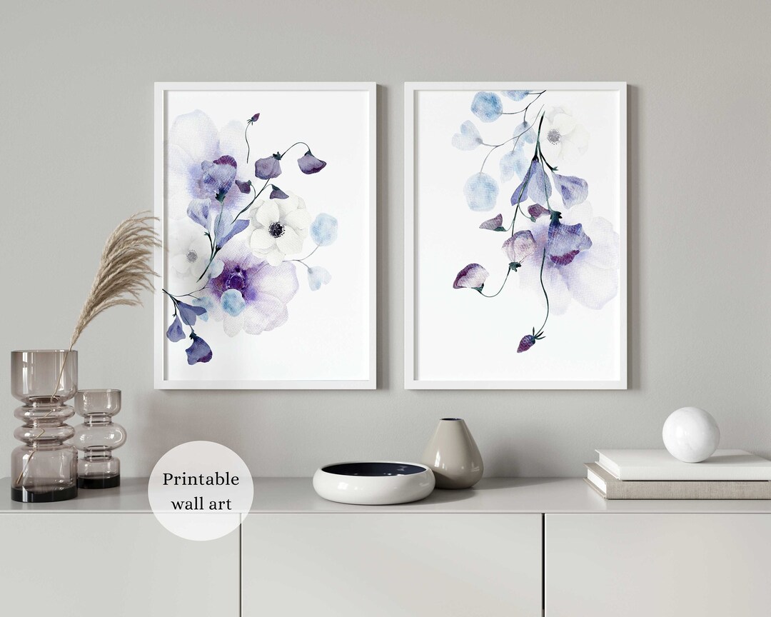 Purple Floral Wall Art Set of 2, Lilac Wall Art, Lavender Purple Wall Art Prints, Modern