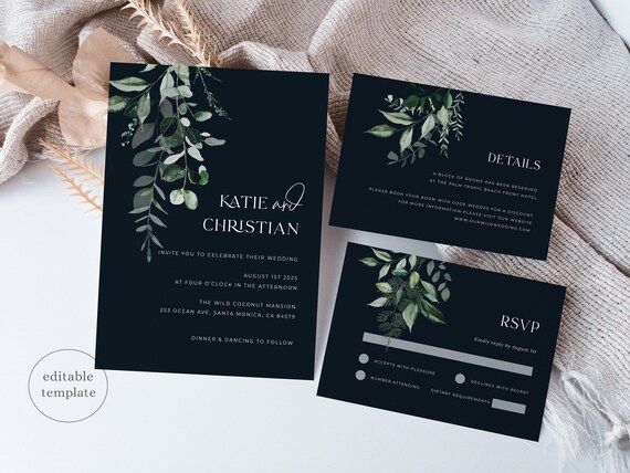 Botanical Wedding Invitation Template, Black Wedding Invitation Suite, Emerald Greenery Wedding Invitation, Dark Moody Wedding, D2