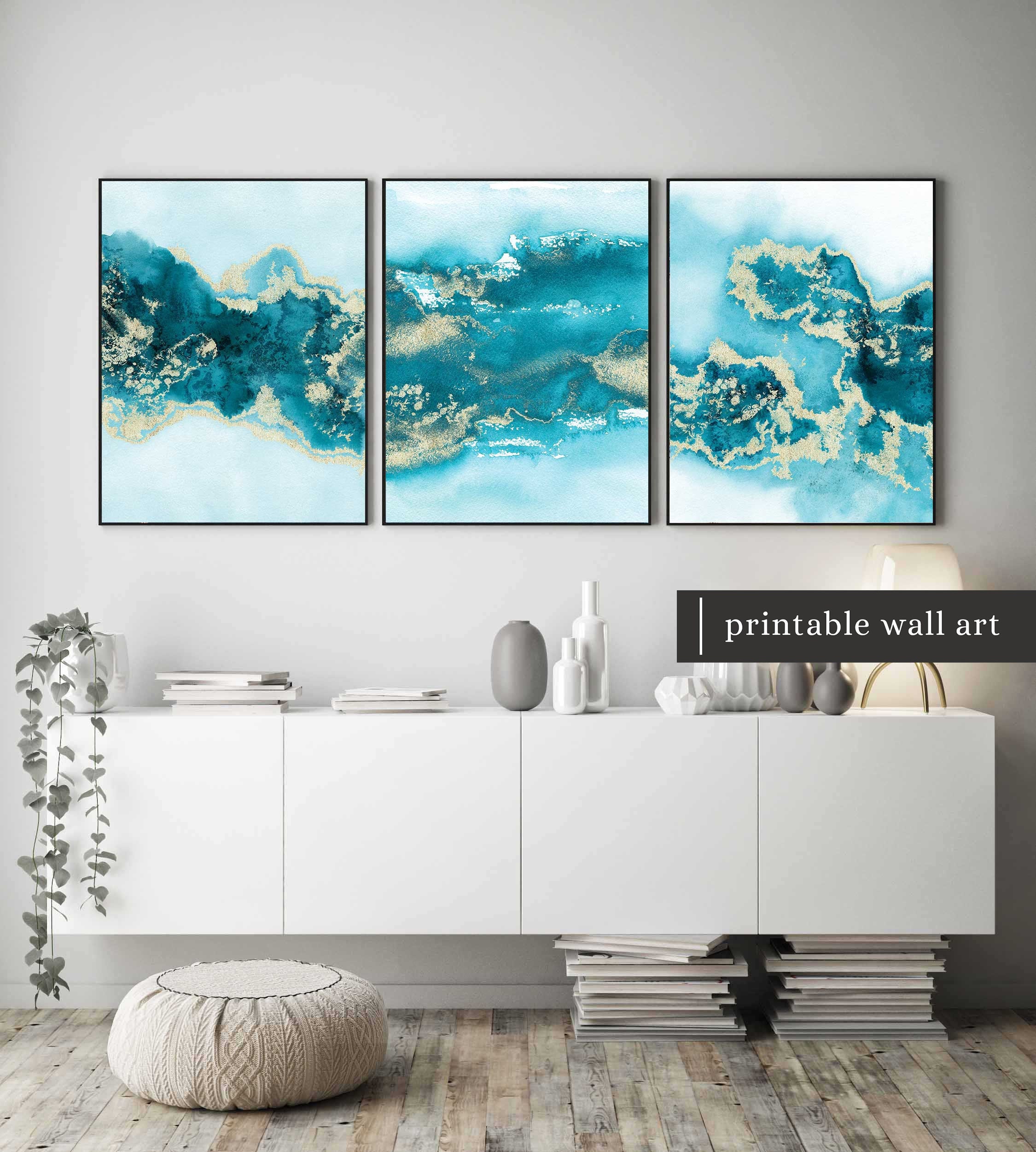 Teal Wall Art Set of 3 Turquoise Wall Art Aqua Blue Green Wall Art Set of 3 Abstract Blue Wall Art Printable Teal Art Prints Digital Etsy