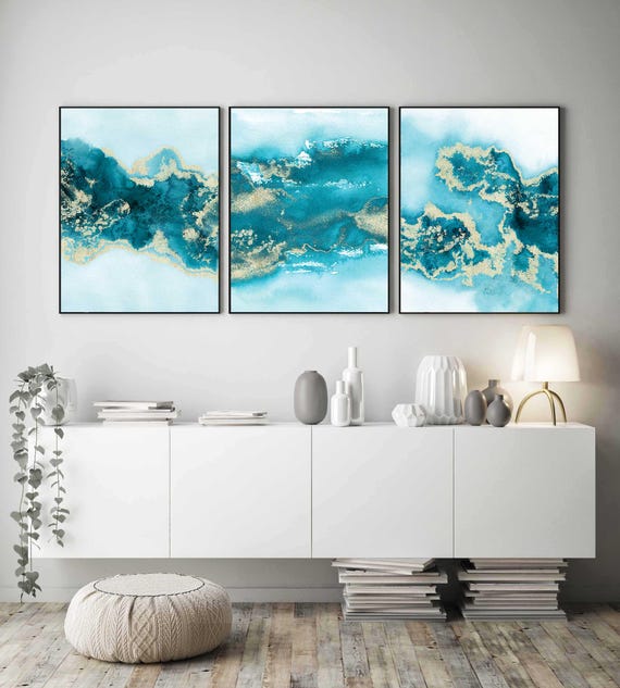 Teal Wall Art Set of 3, Turquoise Wall Art, Aqua Blue Green Wall Art Set of 3, Abstract Blue Wall Art Printable, Teal Art Prints, Digital