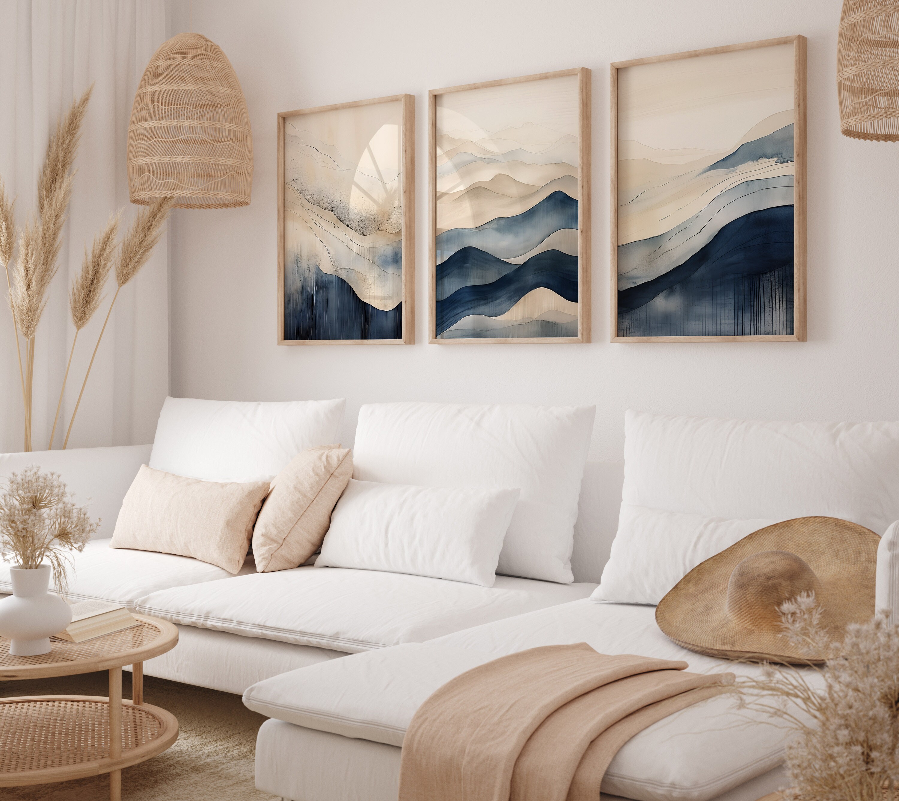 Abstract Blue Wall Art Set of 3, Neutral Prints Set, Modern Neutral ...