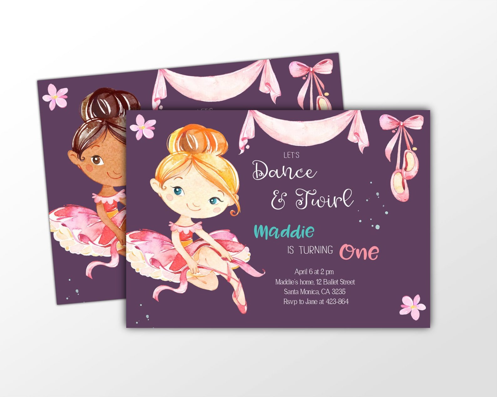 ballerina birthday invitation printable, ballet birthday invitation for girl, 1st birthday invite, tutu invitation, ballerina pa