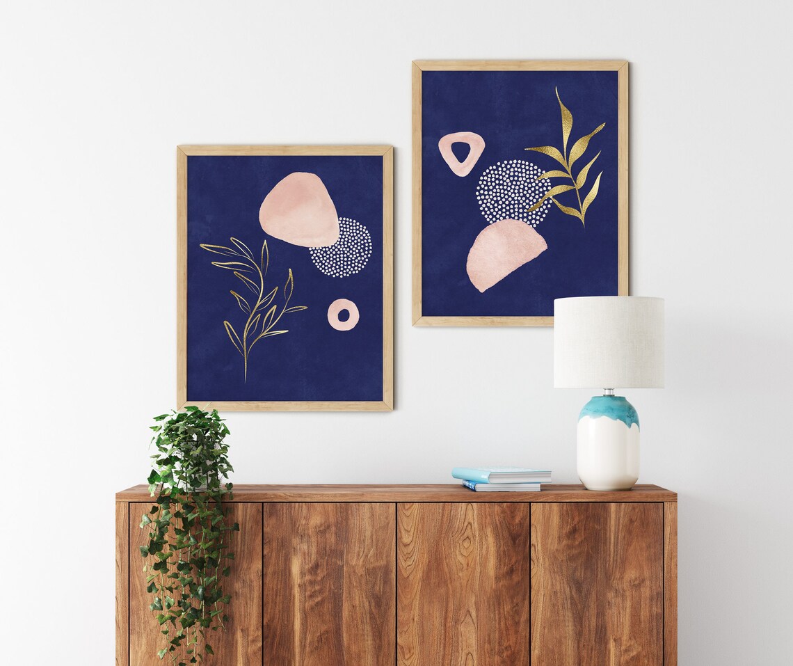 Navy Pink Wall Art Set of 2 Blue Pink Gold Wall Art Modern Etsy