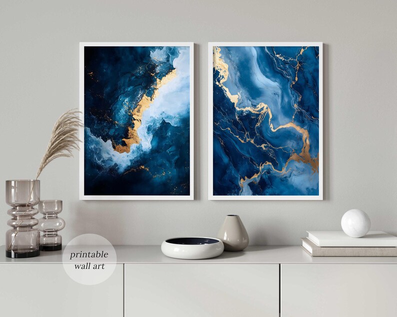 Navy Gold Wall Art, Blue Gold Prints, Abstract Blue Wall Art, Navy Art