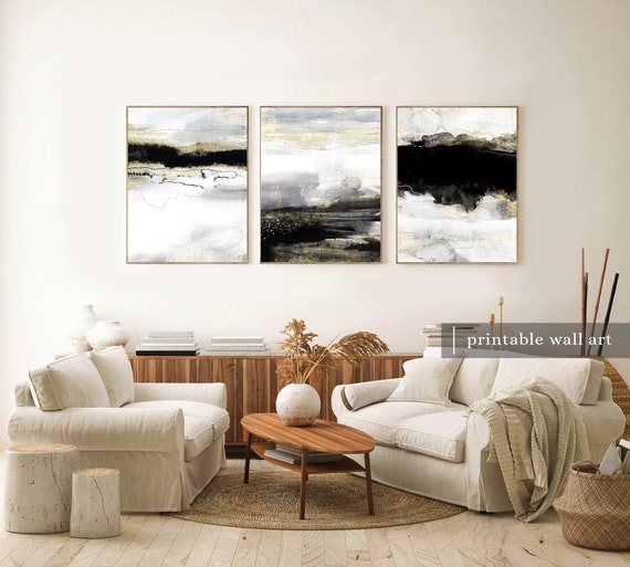 Black and White Wall Art Set of 3, Abstract Black and White Prints, Modern Black White Art Prints Set, Black and White Printable Art