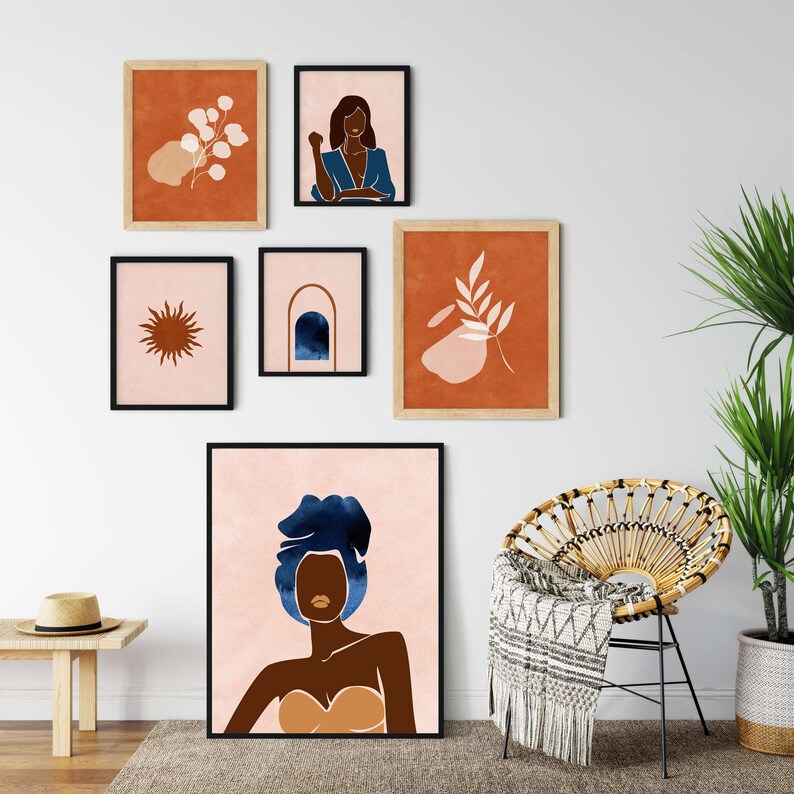 Navy Blue Orange Wall Art Mid Century Modern Art Prints Etsy