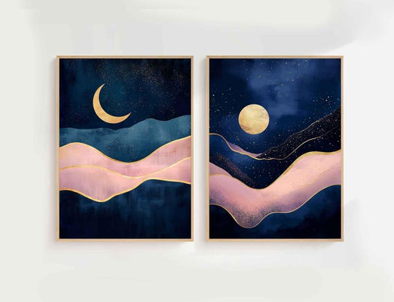 Sun and Moon Art, Celestial Wall Art Prints, Navy and Pink Prints, Celestial Decor, Modern Bedroom Wall Art Set, Sun Moon Wall Decor