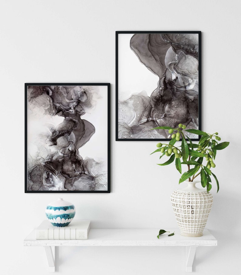Abstract Gray Wall Art Set of 2 Modern Gray Wall Art Set Etsy