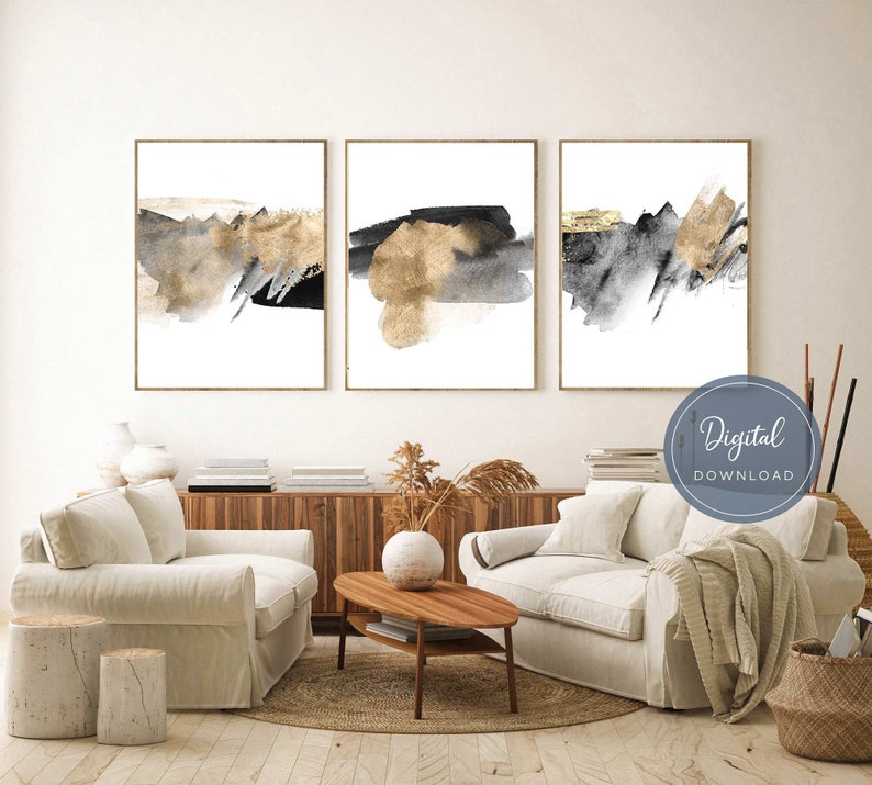 Black and Gold Wall Art Set of 3, Modern Abstract Wall Art Set ...