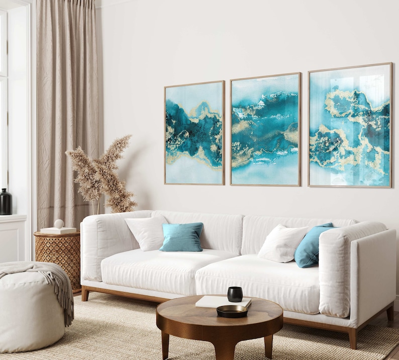 Teal Wall Art Set of 3 Turquoise Wall Art Aqua Blue Green Etsy