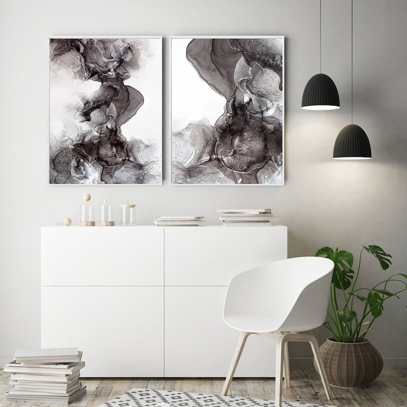 Abstract Gray Wall Art Set of 2 Modern Gray Wall Art Set Etsy