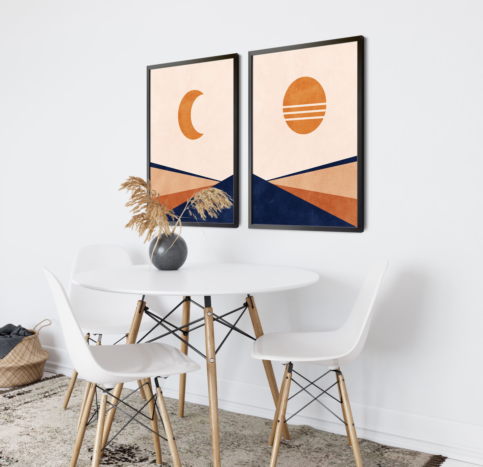 Blue Orange Wall Art Set of 2 Mid Century Wall Art Set of 2 Etsy