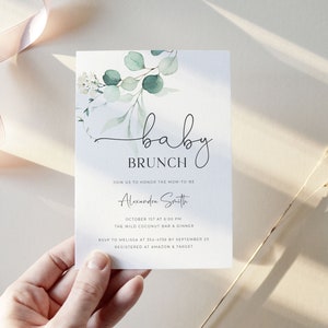 Greenery Baby Brunch Invitation Template, Editable Baby Brunch Invitation for Boy or Girl, Baby Brunch Shower Invite Digital Download, E1 image 2