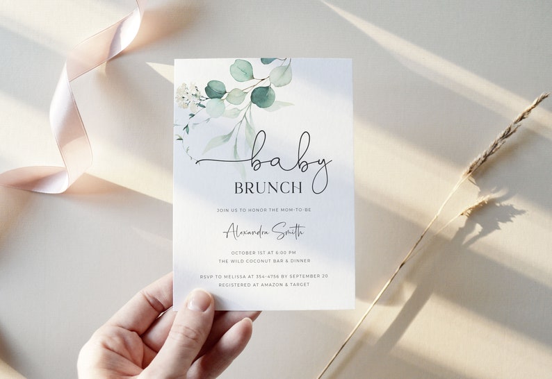 Greenery Baby Brunch Invitation Template, Editable Baby Brunch Invitation for Boy or Girl, Baby Brunch Shower Invite Digital Download, E1 image 2