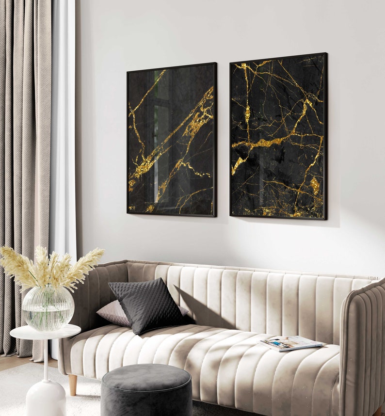 Black and Gold Wall Art Set of 2 Modern Abstract Wall Art Etsy