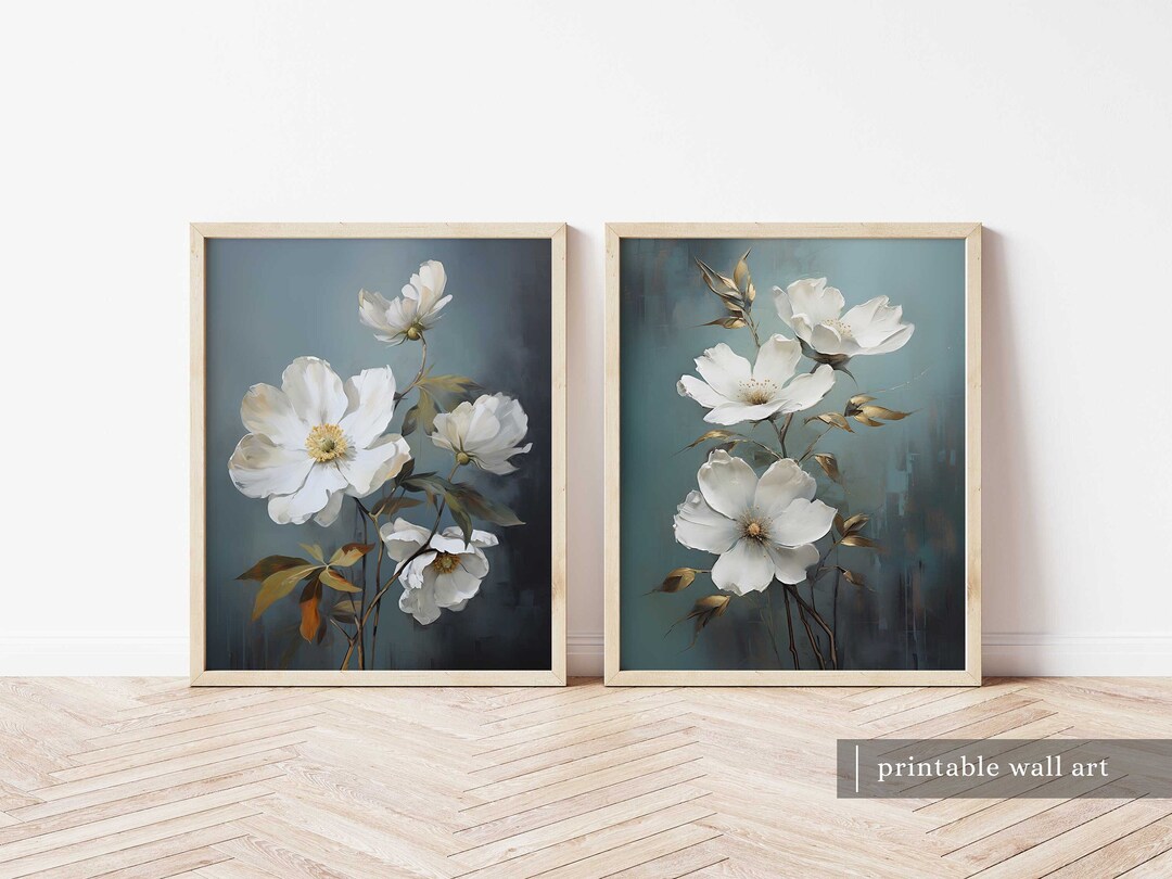 Blue Floral Prints, Vintage Floral Wall Art Set of 2, Teal Blue White Art, Blue Floral Prints