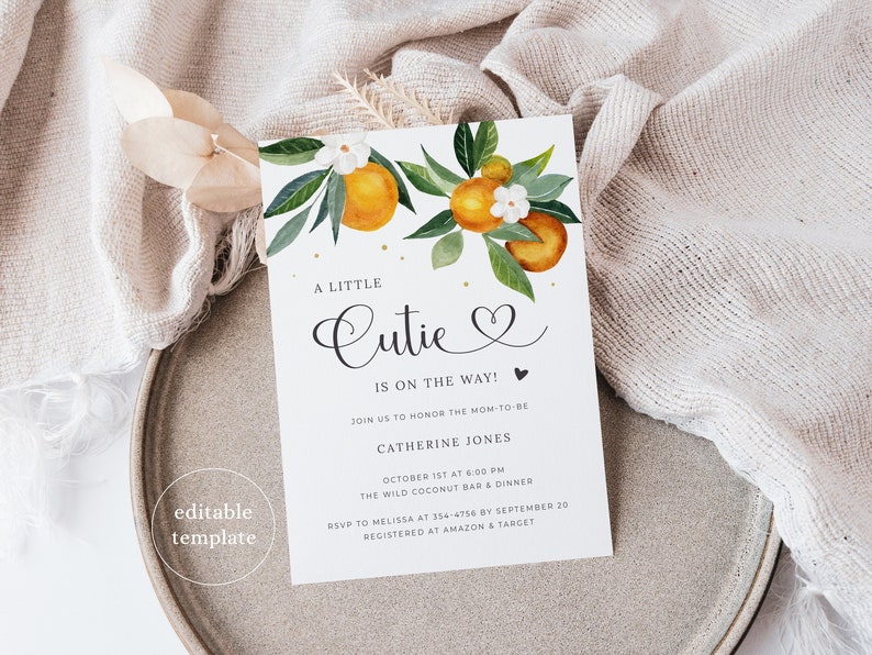 Cutie Baby Shower Invitation Template, Orange Baby Shower Invitation Digital Download, Clementine Citrus Baby Shower Template, O1 image 1