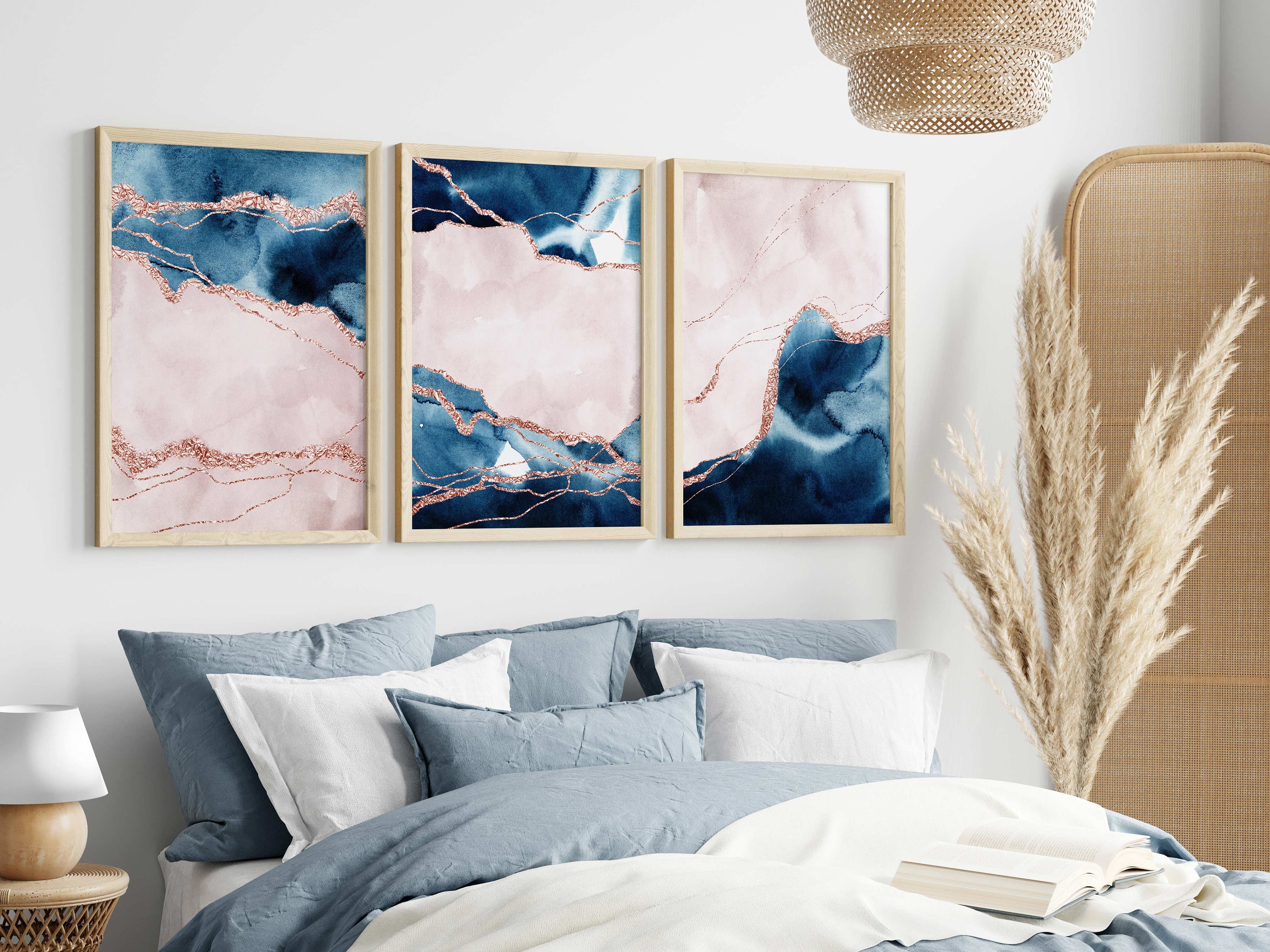 Navy Pink Wall Art Set of 3, Blue Blush Pink Wall Art, Modern Bedroom ...