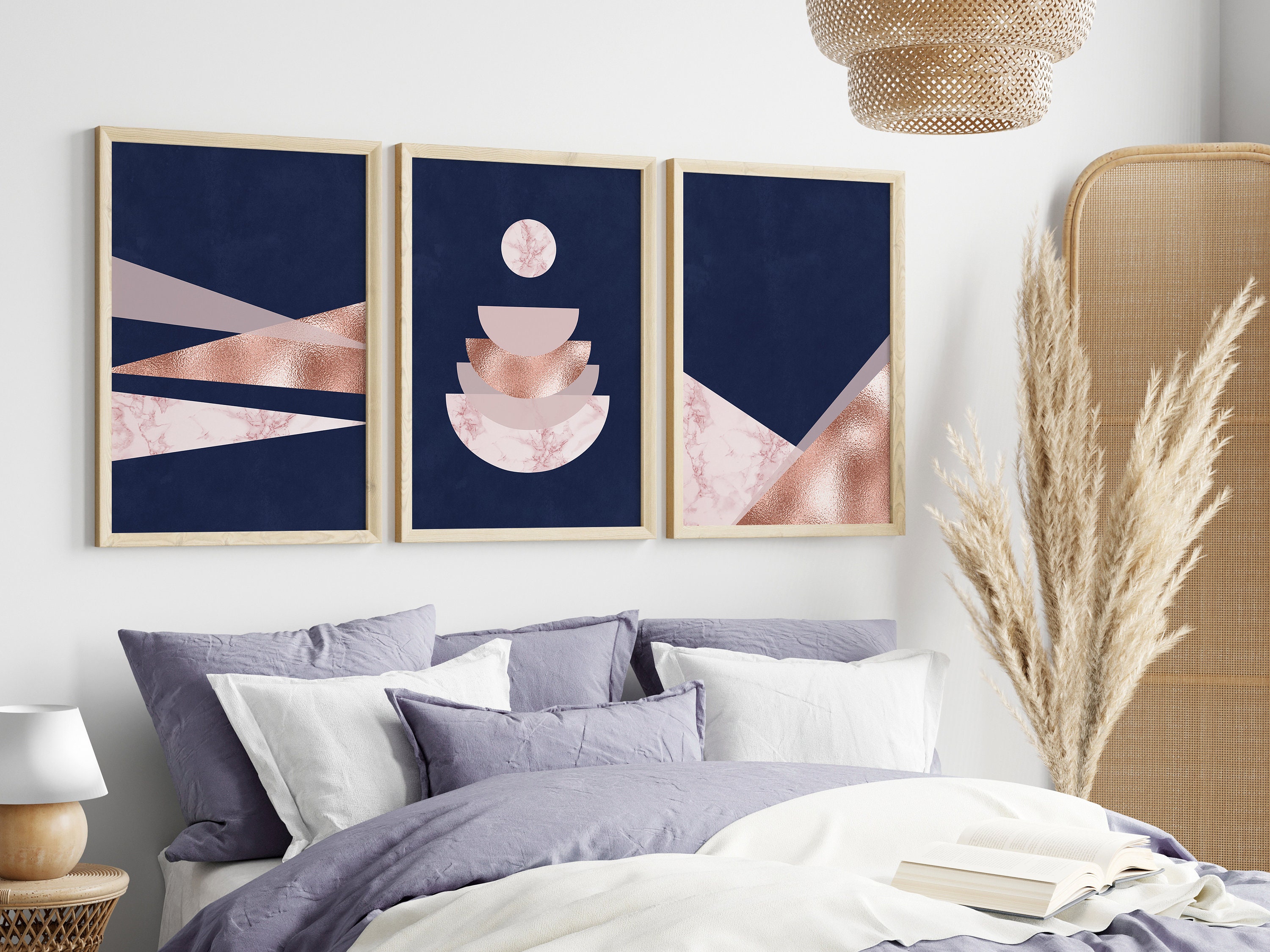 Navy Rose Gold Wall Art Set of 3 Blue Pink Wall Art Rose Etsy Australia