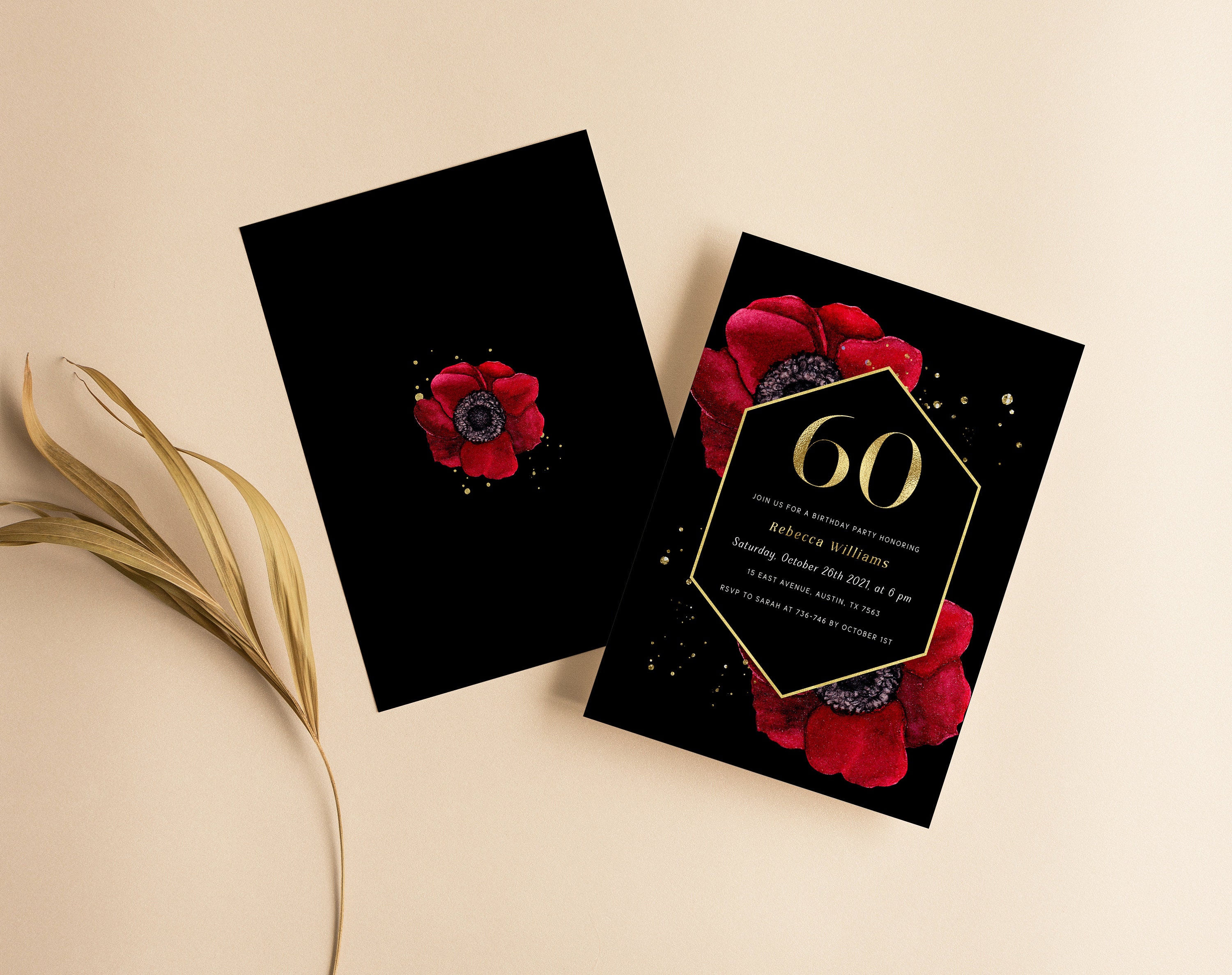 60th Birthday Invitation for Women Printable Black and Red | Etsy