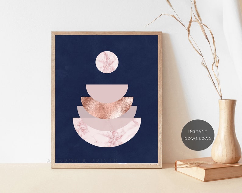 Blue Rose Gold Wall Art Printable Modern Geometric Prints Etsy