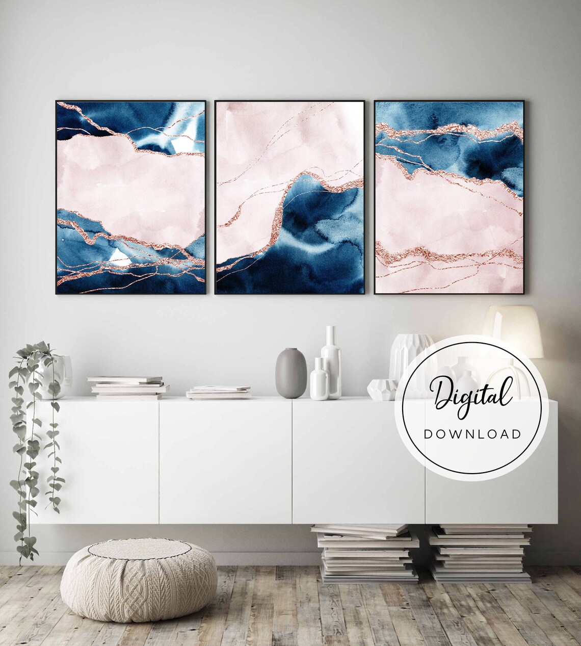 Navy Pink Wall Art Set of 3 Blue Blush Pink Wall Art Modern Etsy