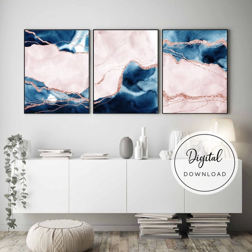 Pink & Navy Blue Triptych Wall Art Set of 3 Prints Abstract Etsy Canada