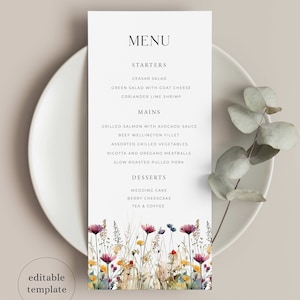 Plantilla de menú de boda de flores silvestres, menú de boda Boho, descarga digital de menú de flores silvestres, menú floral Boho, decoración de mesa de flores silvestres, WF3