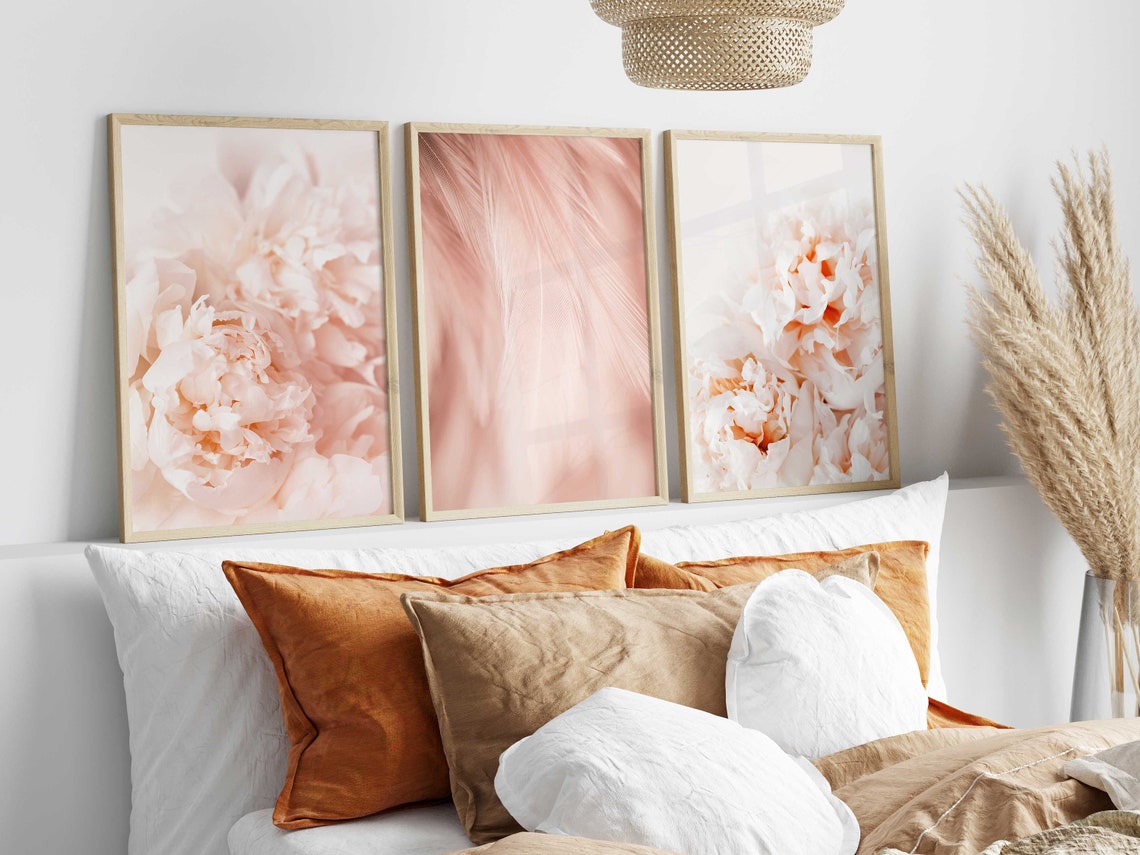 Blush Pink Wall Art Set of 3, Pink Floral Wall Art Set of 3, Peony Wall ...