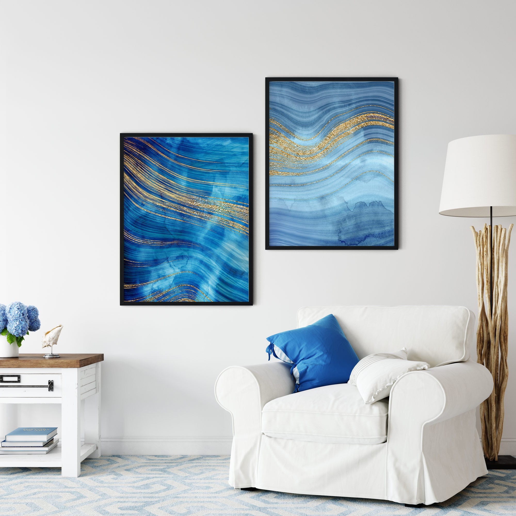 Abstract Blue Wall Art Set of 2 Ocean Wall Art Set Modern Etsy