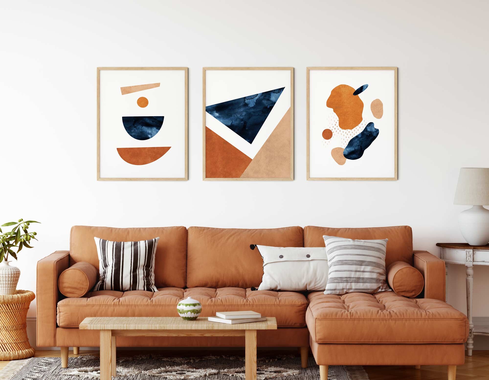 Blue Orange Wall Art Set Navy Burnt Orange Wall Art Set of 3 Etsy