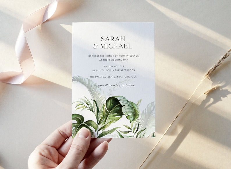 Tropical Wedding Invitation Template, Greenery Wedding Invitation Suite, Editable Palm Wedding Invitation Download, Beach Wedding image 2