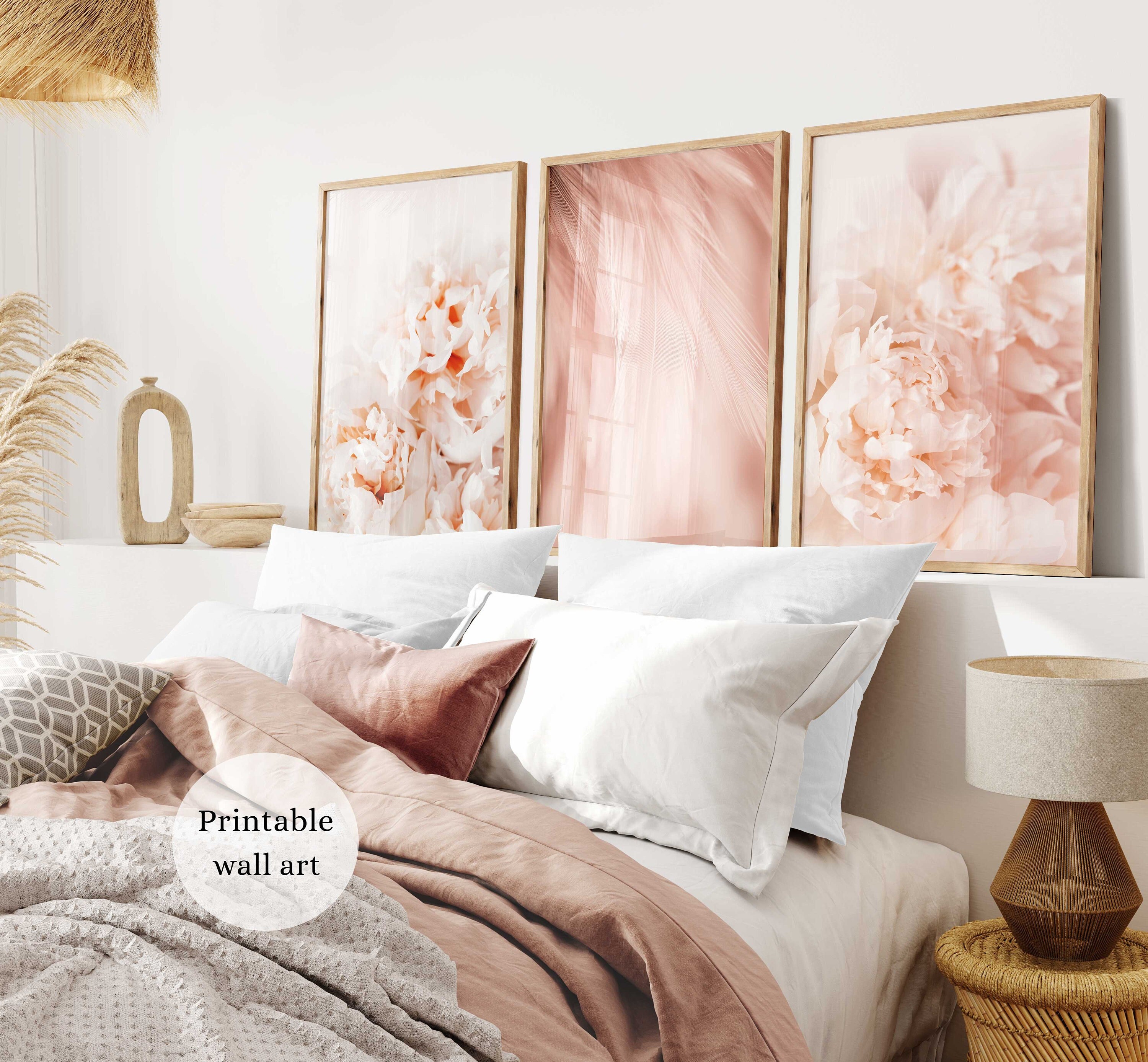 Blush Pink Wall Art Set of 3 Pink Floral Wall Art Set of 3 Etsy