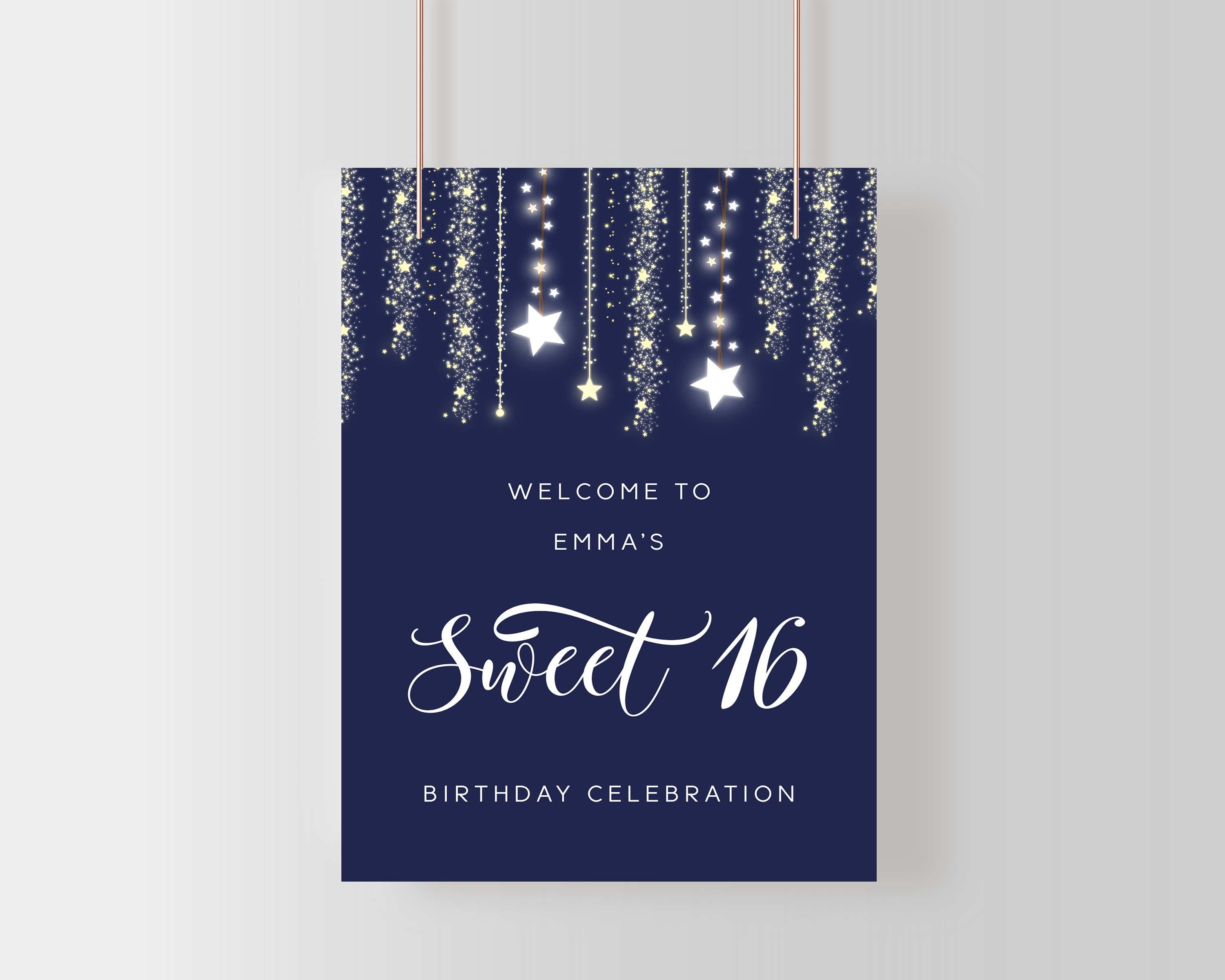 Navy Blue Sweet 16 Welcome Sign Printable, Blue and Gold Sweet 16