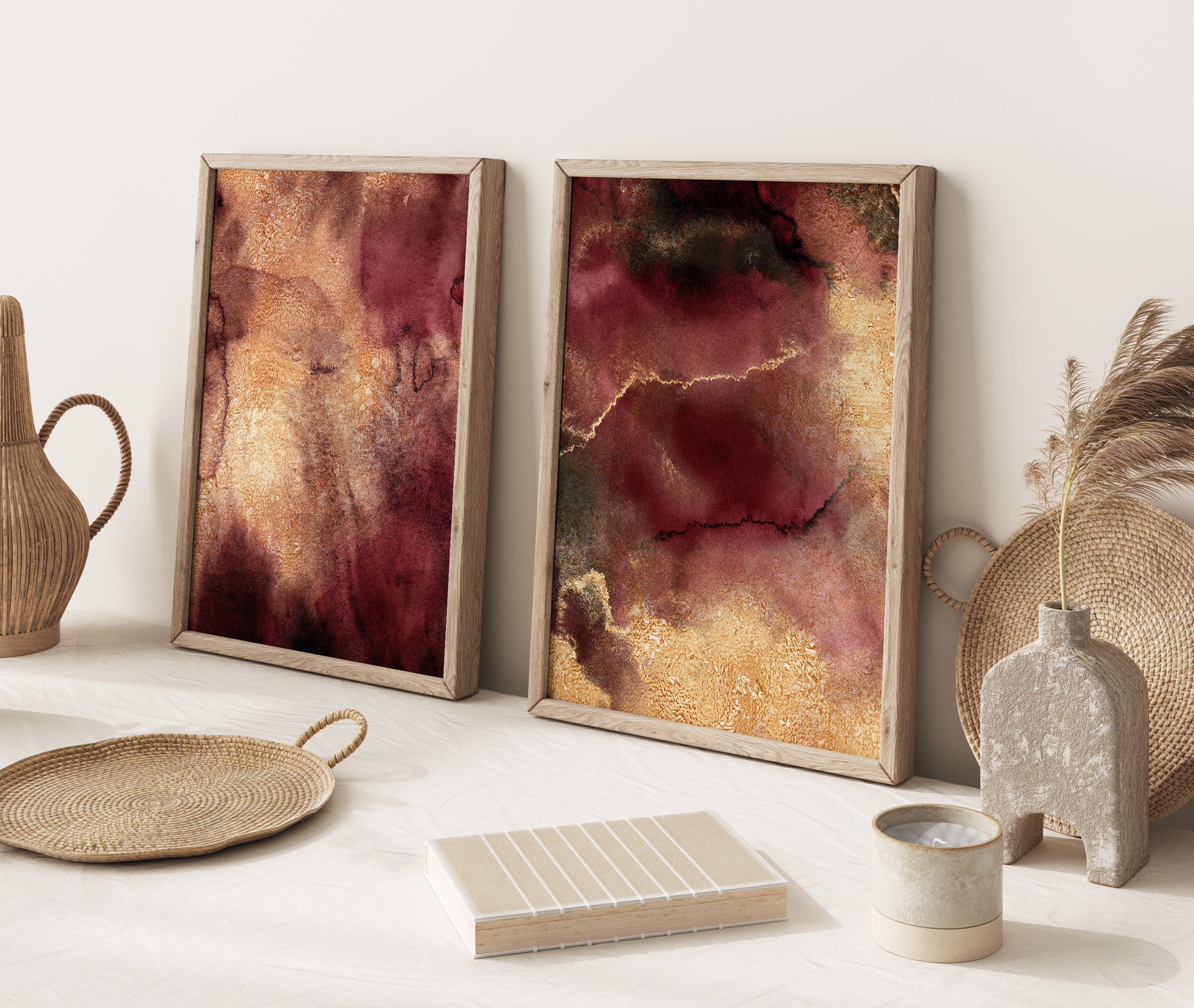 Burgundy Wall Art Set of 2 Burgundy Gold Wall Art Printable Etsy