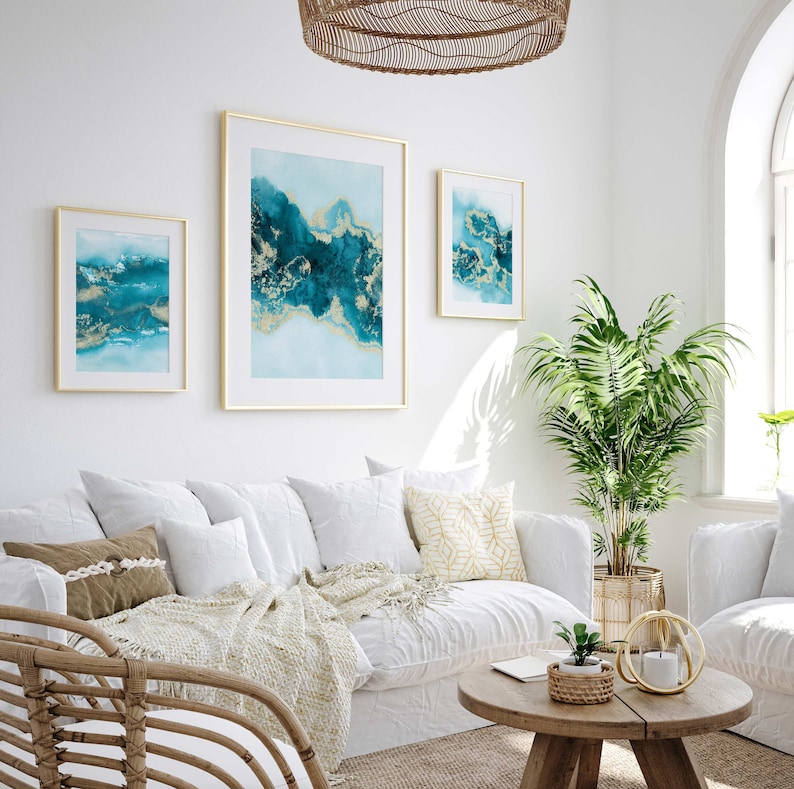 Teal Wall Art Set of 3 Turquoise Wall Art Aqua Blue Green Etsy