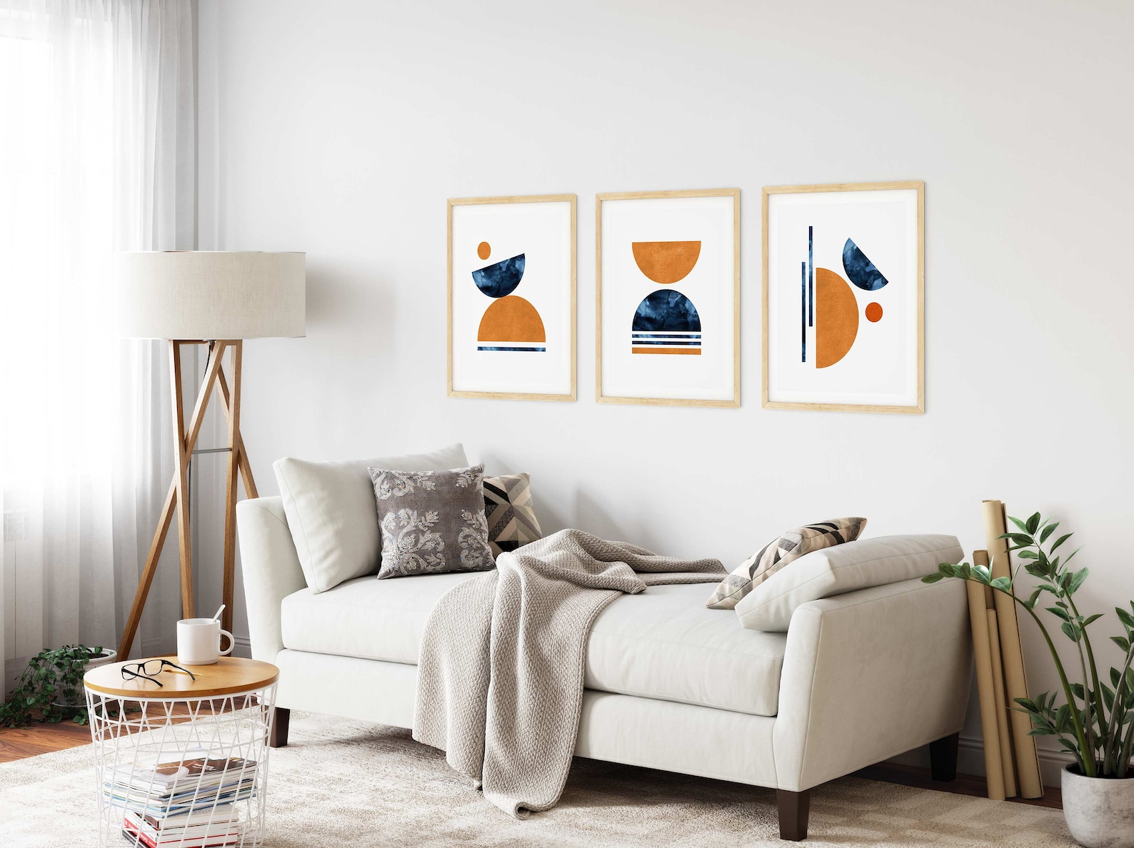 Blue Orange Wall Art Set Navy Burnt Orange Wall Art Set of 3 Etsy
