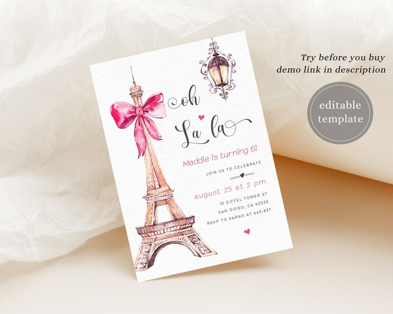 Editable Paris Birthday Invitation Template, Paris Birthday Party Invitation, Eiffel Tower, Oh La La, Paris Theme Birthday Party, P3 image 1